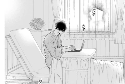 入院した常連さんのお見舞いへ。ベッドの上で仕事をする横顔にドキッ