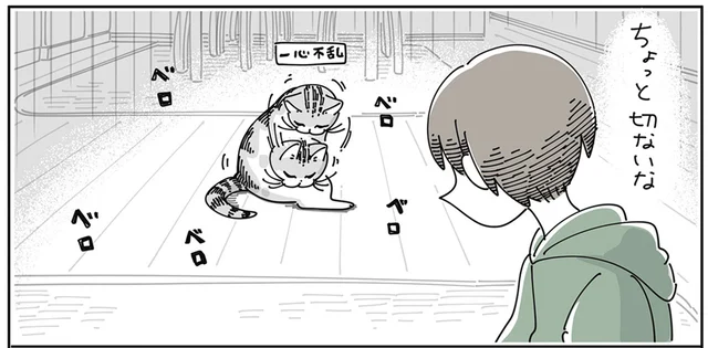 なでた所を猫が綺麗にしていて切ない。けれど、飼い主も似たような行動を取ってました