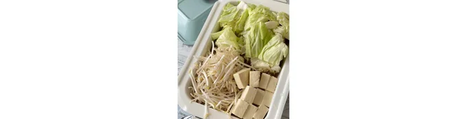 キャベツ、もやし、食べやすい大きさに切った豆腐を入れてフタをする。