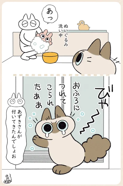 お風呂場に付いてきて怯える