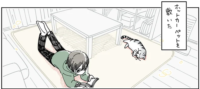 ホットカーペットの上で広がる猫の体。ふと触ると片側だけポカポカに！