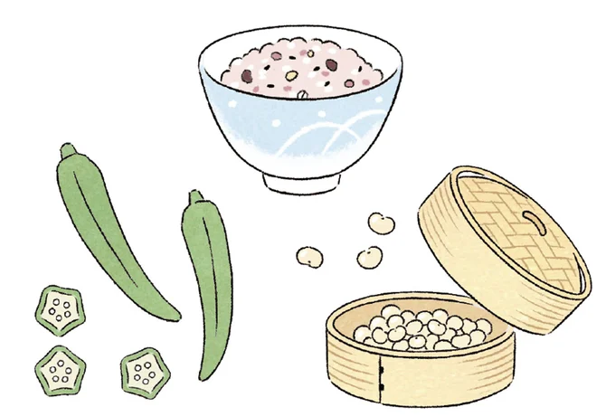 発酵性の食物繊維は腸内細菌が使いやすい。穀類、豆、オクラ、海藻類、いも類、きのこ類などに豊富
