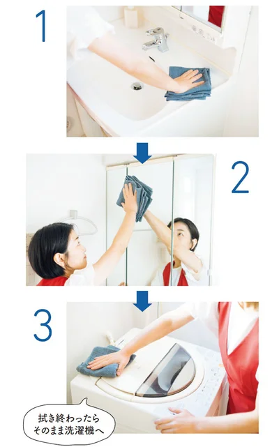 手拭きタオルで洗面台や洗濯機まわりをひと拭き