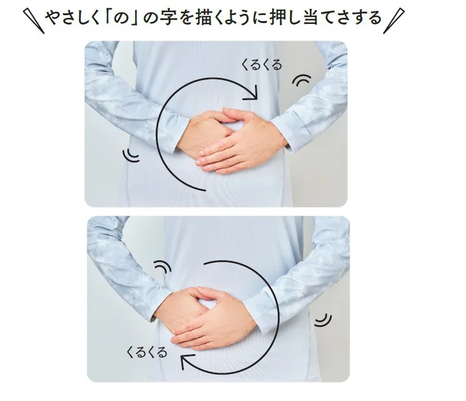 やさしく「の」の字を描くように押し当てさする