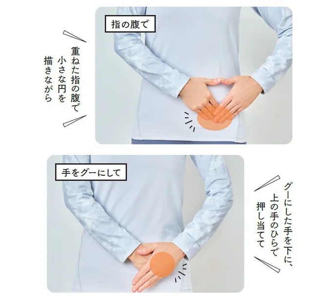 左骨盤の内側を、重ねた指の腹で小さな円を描くようにもむ。または、グーにした手を下に、上の手のひらで押し当ててもむ