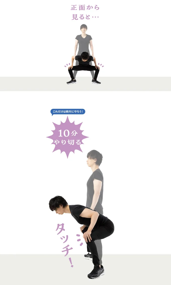 左右の手で左右の膝を押さえながら立ち上がる