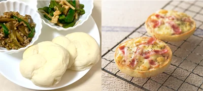 ヨルパンメニューイメージ（麻婆茄子・青椒肉絲×白い食卓ロール、ベーコンチーズマフィン）