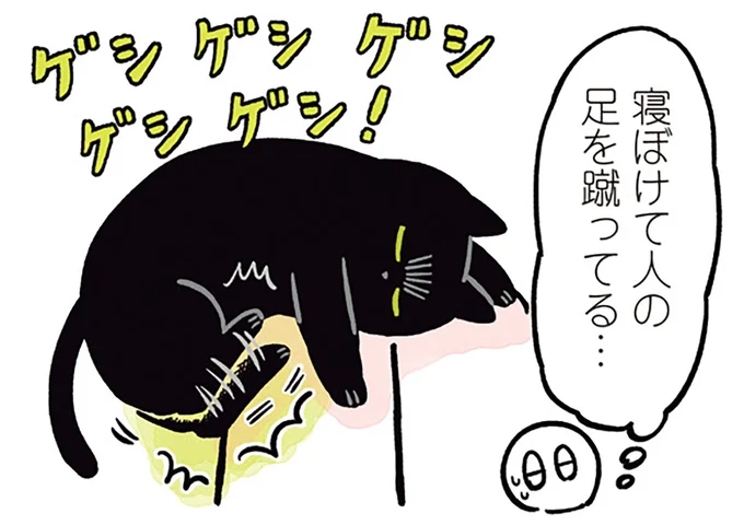 寝ぼけて人の足を蹴ってる…