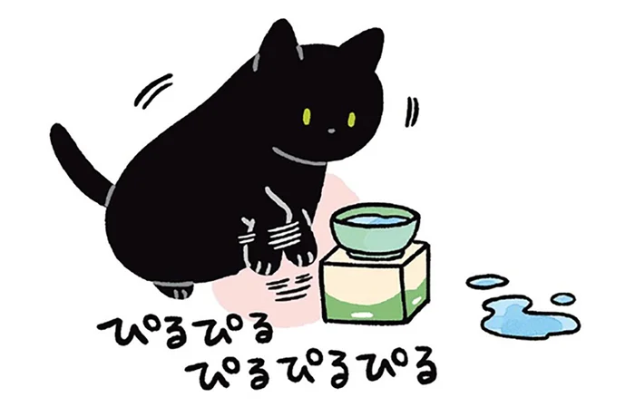 水を飲み終わったあとに腕先をぴるぴる。黒猫ろんの謎の癖が知りたい！／黒猫ろんと暮らしたら3（5）