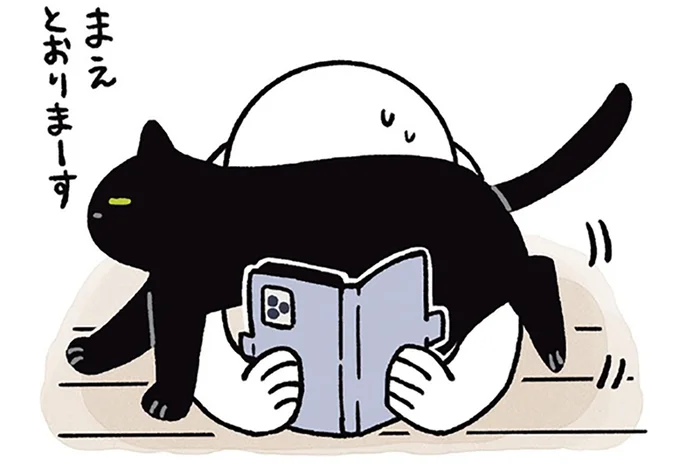 スマホを見る飼い主の前を行ったり来たり。黒猫ろんがわざとらしくアピールすること／黒猫ろんと暮らしたら3（8）