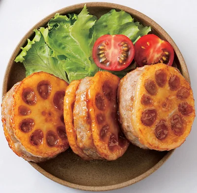 【主菜】れんこんのはさみ焼き。作り方手順は次の画像へ。
