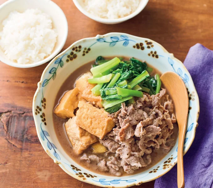 小松菜と厚揚げの牛すき煮
