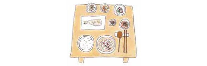 ご飯と汁物とおかずがセットで提供されるお膳