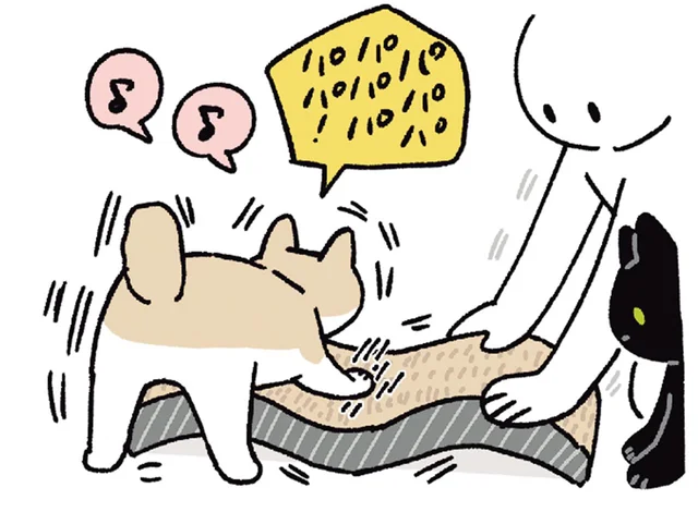猫たちへのサポートは手厚く！動いてしまう猫用爪とぎをおさえる飼い主