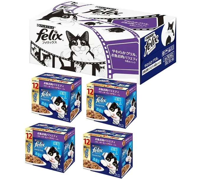 【Amazon.co.jp限定】フィリックス やわらかグリル 成猫 お魚お肉バラエティ(ツナ・サーモン・チキン) 50gx48袋入り(12袋x4箱)