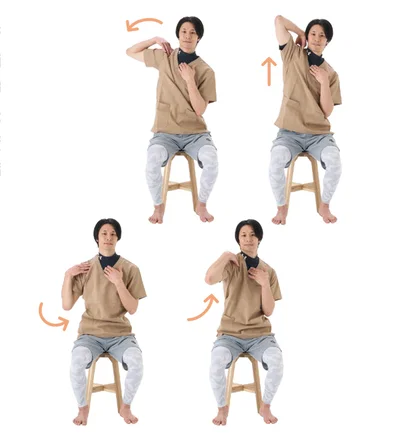 そのまま、鎖骨ごと動かす意識で肩を大きく回す。反対側も同様に行う。