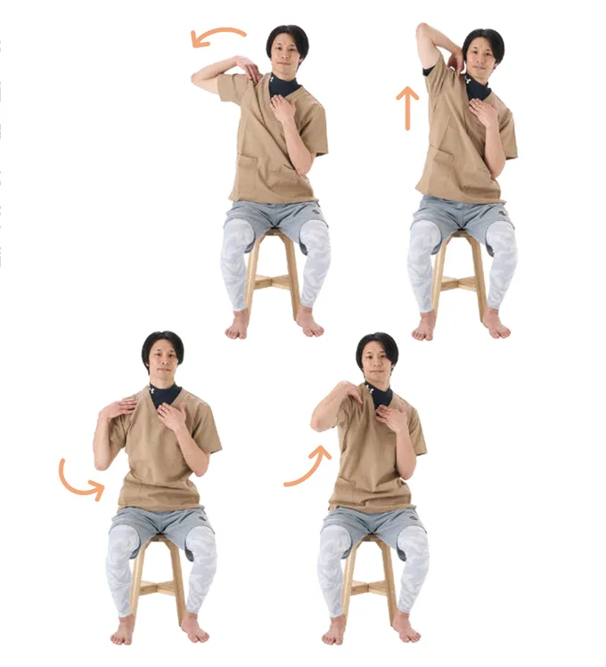 そのまま、鎖骨ごと動かす意識で肩を大きく回す。反対側も同様に行う。