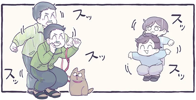「お父さんとお散歩？」1歳児に合わせて全身で会話してくれるおじさん