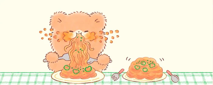 似た者同士？スパゲッティに夢中のこぐまと、食いしん坊のハムスター