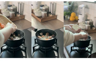 ②大根、人参、椎茸、九条ネギを入れる③弱～中火にかけ、火が通ったらお味噌を溶かす④最後にお豆腐を入れて温めたら完成