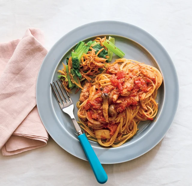 具だくさんパスタをメインに！「さばときのこのトマトパスタプレート」【まる式ダイエット】
