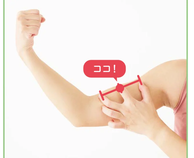 力こぶを親指と中指で挟んだ中間