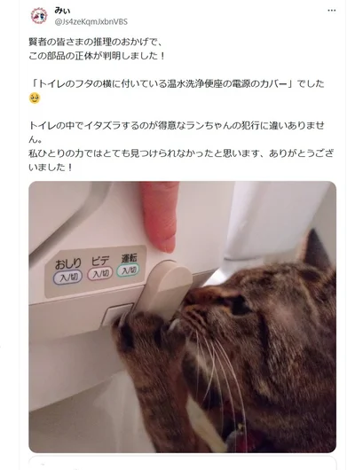 部品の正体が判明！▶正体はトイレのフタの横に付いている温水洗浄便座の電源のカバー（⇒次へ）