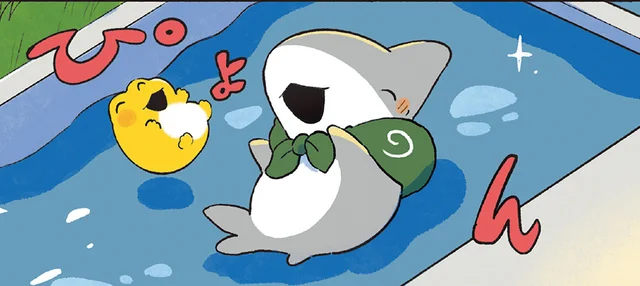 きいろいかえるちゃんと仲良くなった子ザメちゃん。帰りはなんだか寂しくて／おでかけ子ザメ7（5）