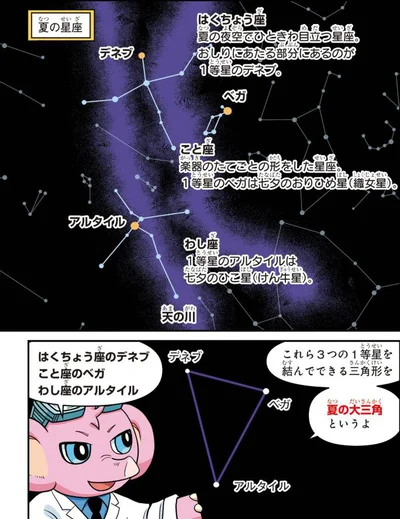 3つの明るい星を結んでできる大きな三角形が、「夏の大三角」と呼ばれています。