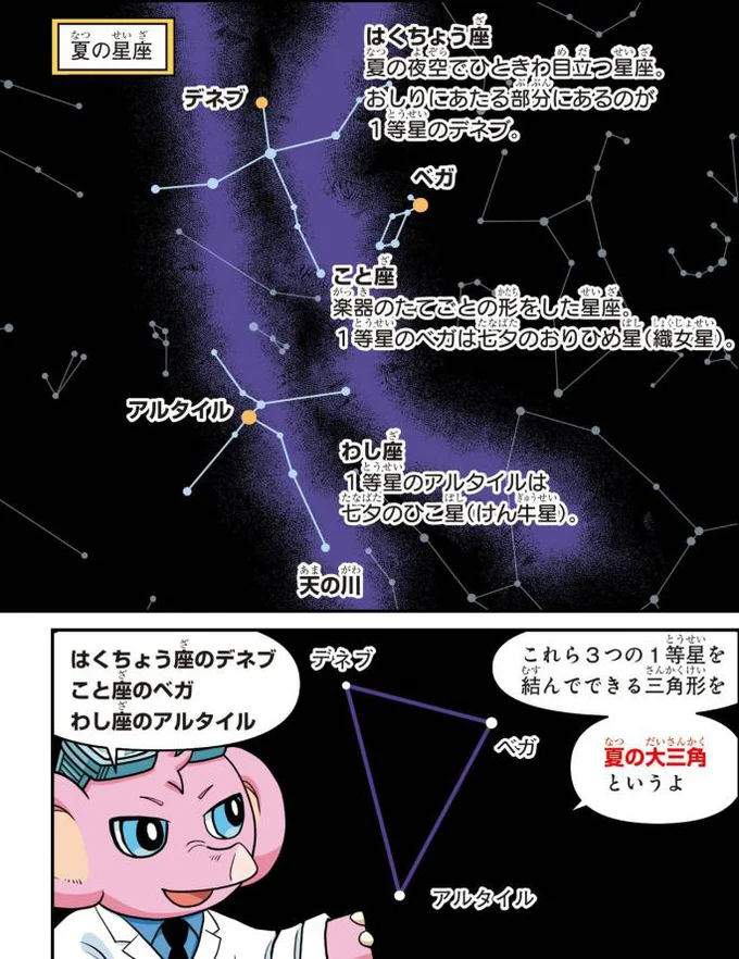 3つの明るい星を結んでできる大きな三角形が、「夏の大三角」と呼ばれています。