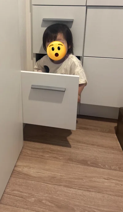 引き出しに入って遊ぶことを覚えてしまったお子さま▶「ぱんぱん」「ばいちん」って？（⇒次へ）