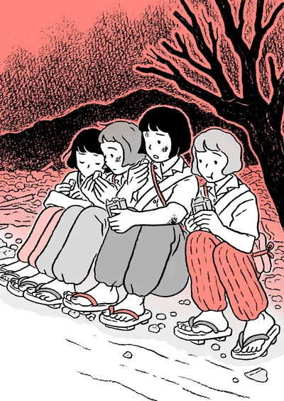 3人の同級生と出会いました。私とは違う工場から逃げてきたようです。私たちは、そこにいた数人の男の人に「ここから先は行かない方がいい」と止められました。その人たちと一緒に私たちも道端で夜を明かすことにしました。爆弾がどこに落ちたのかは、まだわかりませんでした。（『わたくし96歳が語る 16歳の夏〜1945年8月9日〜』より）