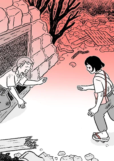 横穴防空壕に着くと、誰に聞いたのか妹が飛び出してきました。「みんな死んだ、みんな死んだ」私にしがみつき、狂ったように起こったことを話し始めました。（『わたくし96歳が語る 16歳の夏〜1945年8月9日〜』より）