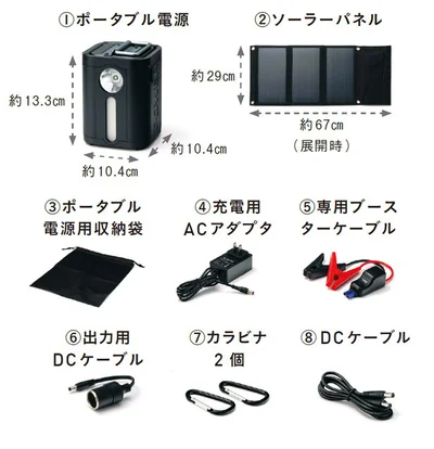 折り畳めるソーラーパネルやケーブル類の8点セット