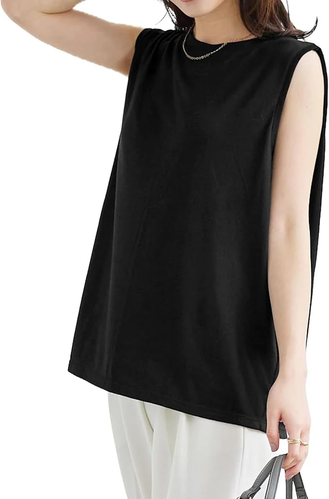 [神戸レタス] ノースリーブ カットソー Tシャツ レディース タンクトップ 夏 トップス 夏服 ノースリ [C2322] M クルーネック ブラック2