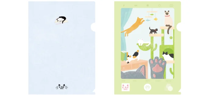 ねこ検定オリジナルクリアファイル2種類。書類を入れるとかわいい猫たちが…