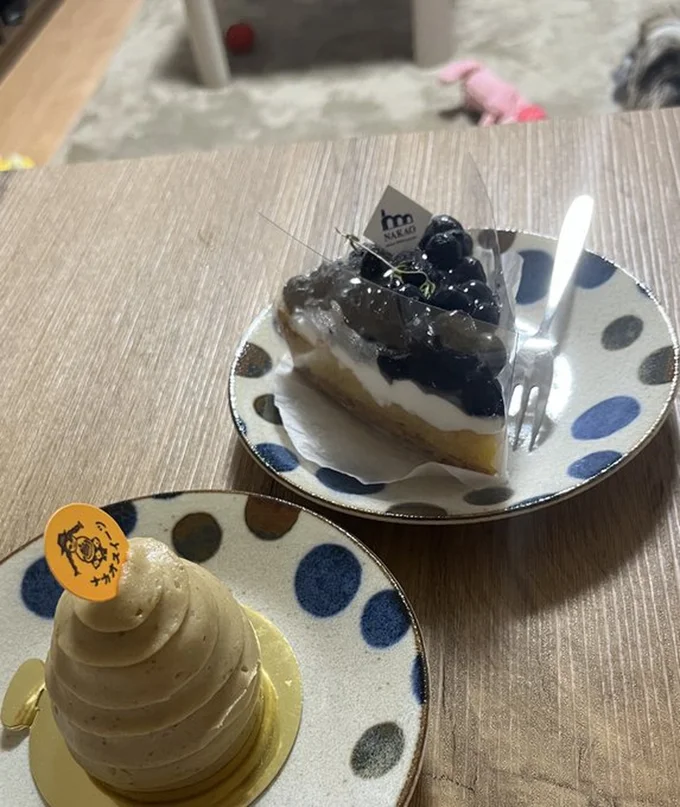 ケーキを食べる時は気配を感じるそう▶たぬきちちゃんはどこでしょう？（⇒次へ）