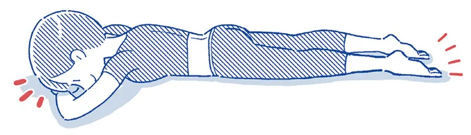 両手を顔の下に置き両脚を腰幅に開く