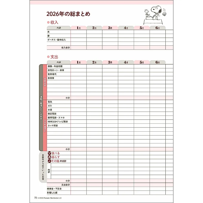 毎月の固定支出や公共料金と併せて決算結果をまとめページに記録しておけば、1年間のお金の出入りがすぐに分かります！