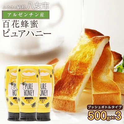 [福岡県八女市]かの蜂 ピュアハニー【AR500g×3個】便利なプッシュボトルタイプ