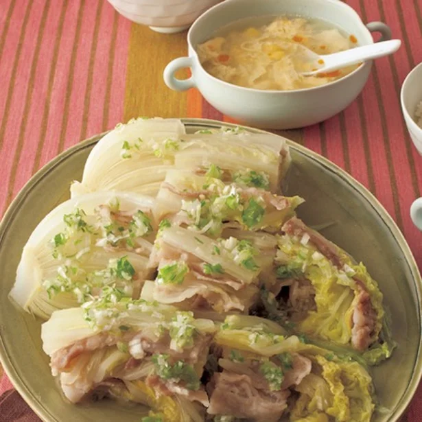 「豚と白菜の中華風重ね蒸し＆コーン卵スープ定食」 レタスクラブニュースより