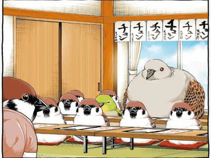 書道教室に通い始めたキジバトくん。隣の席には落ち着いたメジロ