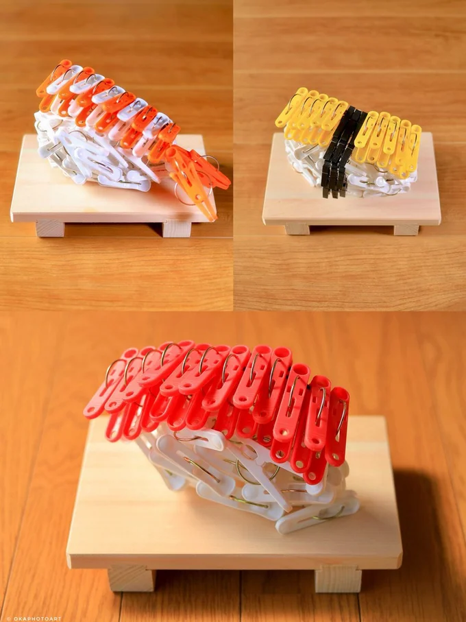 洗濯バサミのお寿司▶今にも動き出しそうな躍動感（⇒次へ）