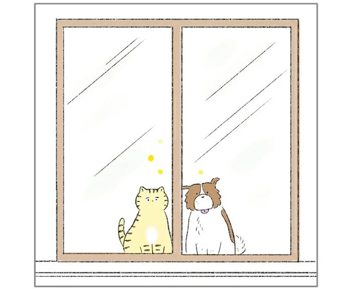 ふたりして窓の外を眺める「自宅警備」。時折手を振られてほっこり