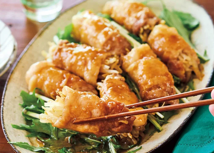 照り照り仕上げも電子レンジで簡単に！ 「もやしの肉巻きレンジ照り焼き」