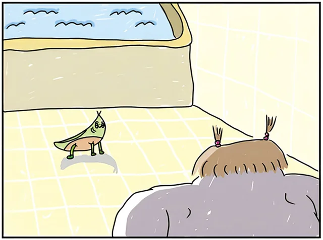 浴室で巨大バッタと対峙。 無防備な人間の前に突如現れた脅威に、シャワーで挑む