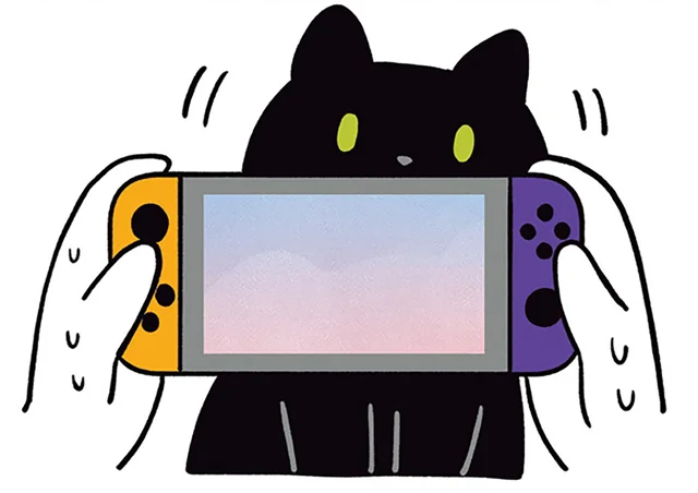 左右に揺れて、じりじり接近。ゲーム中の飼い主にアピールする黒猫ろん