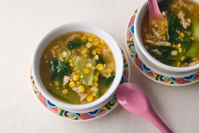 青梗菜と鶏ひき肉の中華とろみスープ