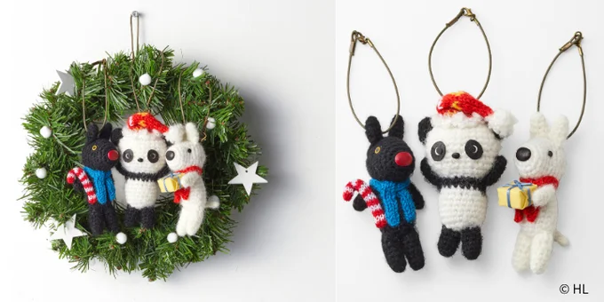 「まちこまち」あみぐるみ クリスマスリース(左)あみぐるみ マスコット(3体セット)(右)