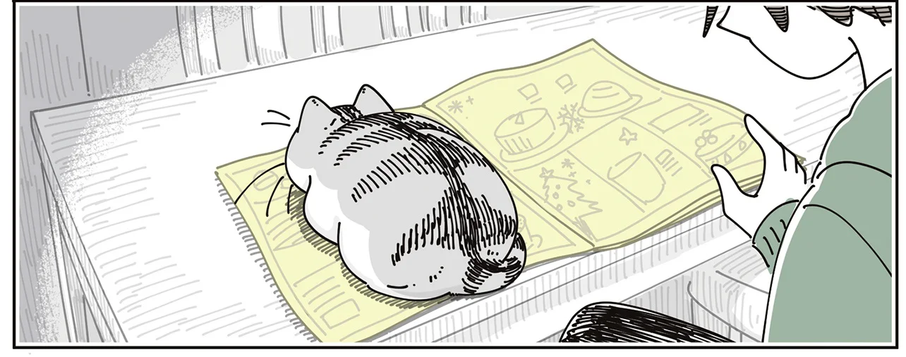 チラシの上に陣取る猫。そこまで邪魔じゃないのでそのままにしていたら